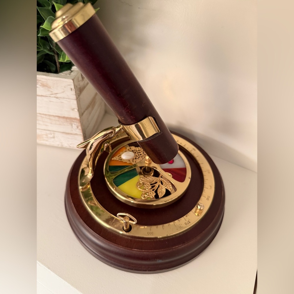 Lefton Wind-Up Kaleidoscope Dolphin Music Box Wood,Brass & Stained Glass Vintage